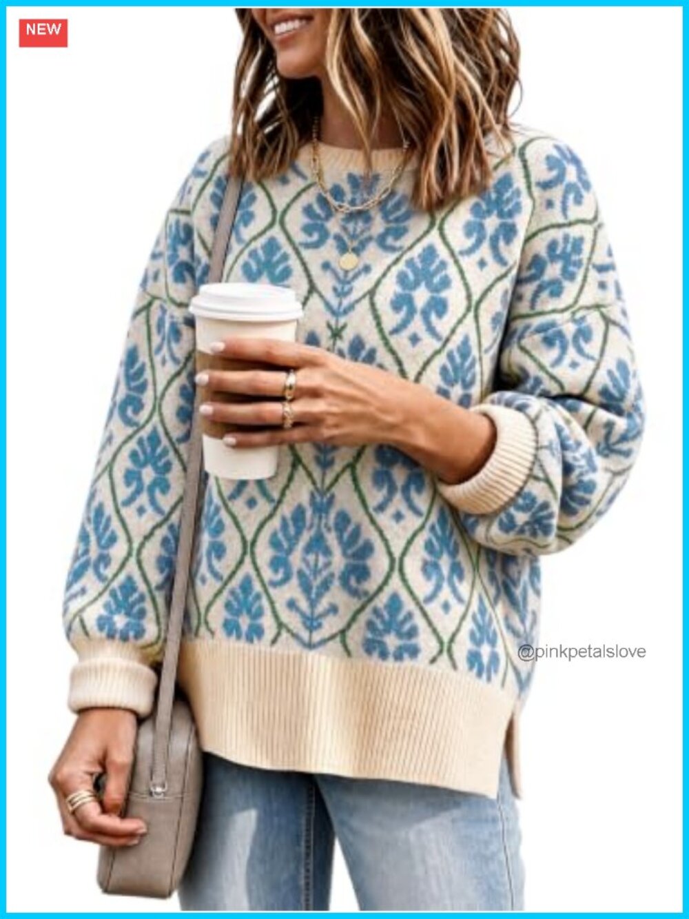 Oversized Floral Knit Pullover Sweater Crew Neck Long Sleeve
